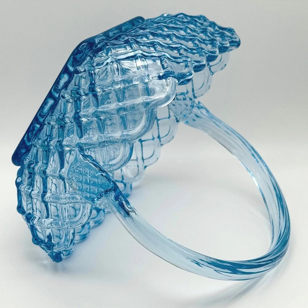 Vintage L.E. Smith Blue Glass Trellis Basket Woven Lattice Handle Cottagecore